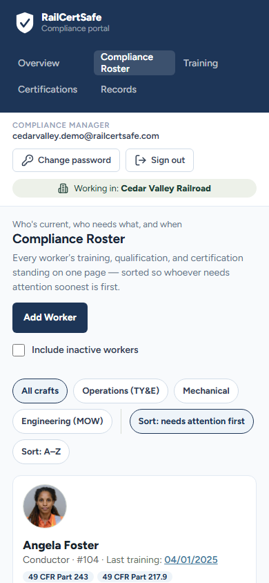 The same Compliance Roster on a phone